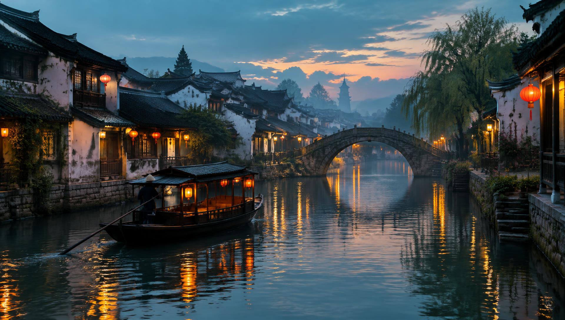 紹興水鄉運河黃昏景色